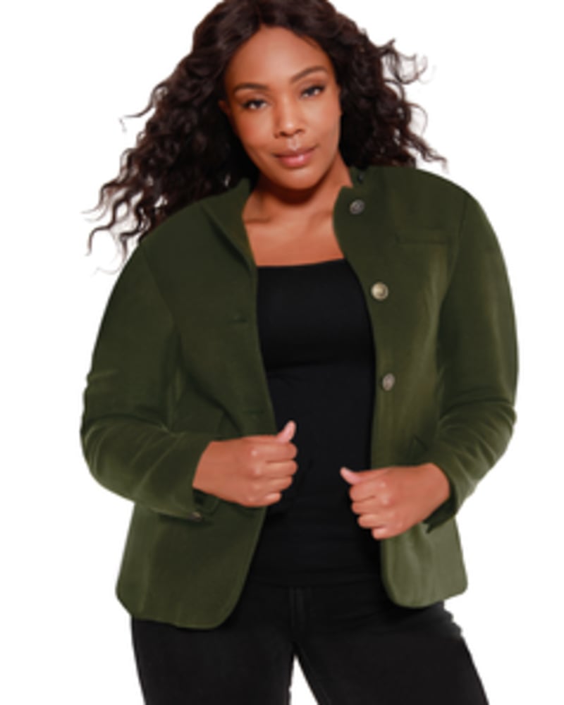 Front of a model wearing a size 1X Cassandra Wool Blend Blazer in MILITARY GREEN by Belldini Black Label. | dia_product_style_image_id:246088
